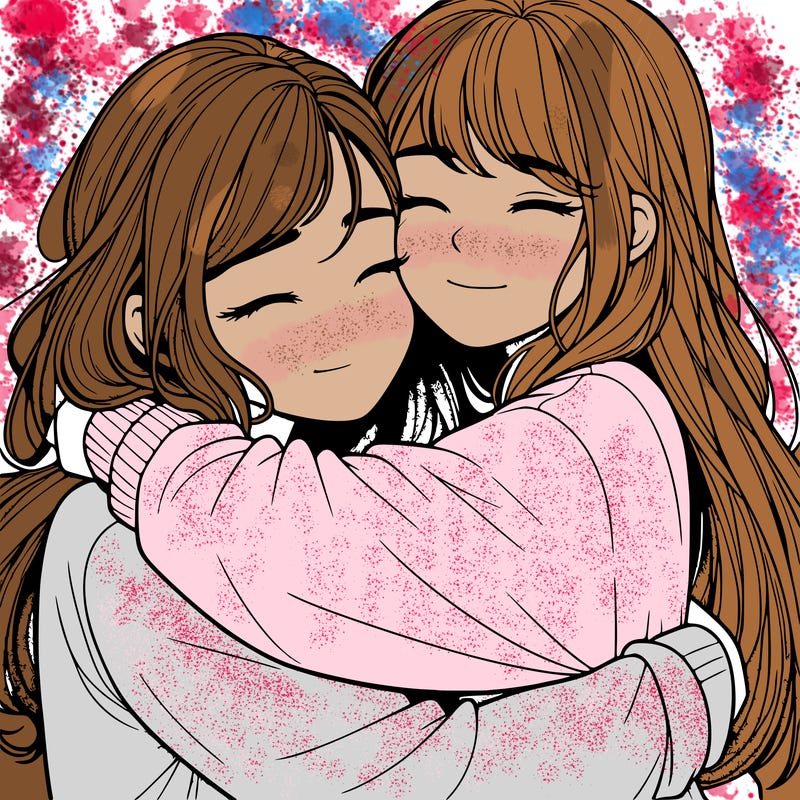 realistic two girls hugging