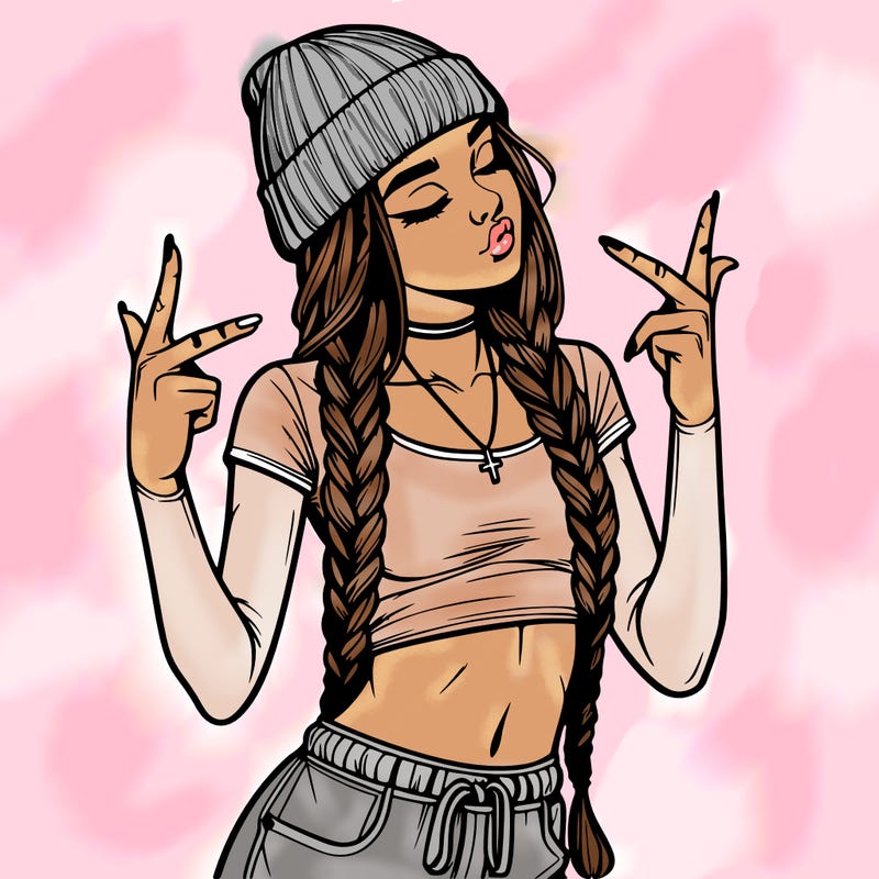 realistic teenage girl with braids and a beanie and crop top doing 🫶🏼