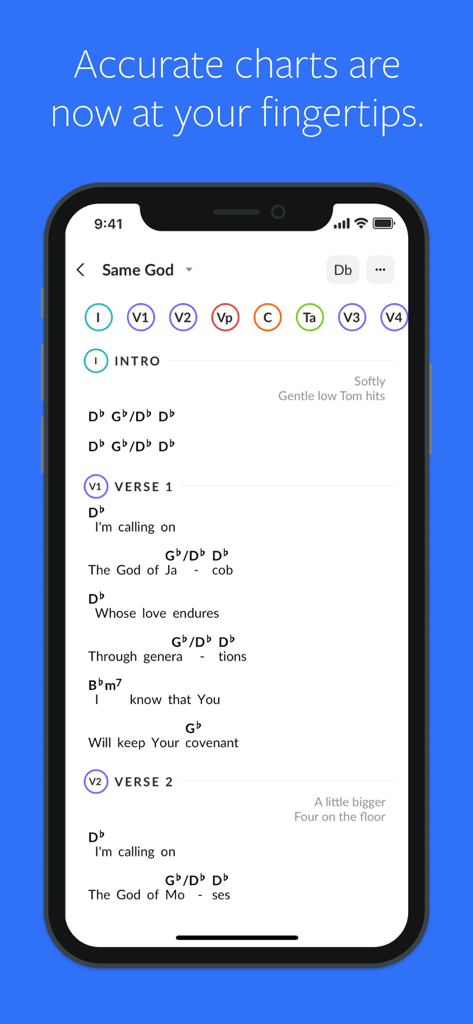 Écran de smartphone affichant une partition musicale numérique avec les paroles et les accords d'un chant de louange