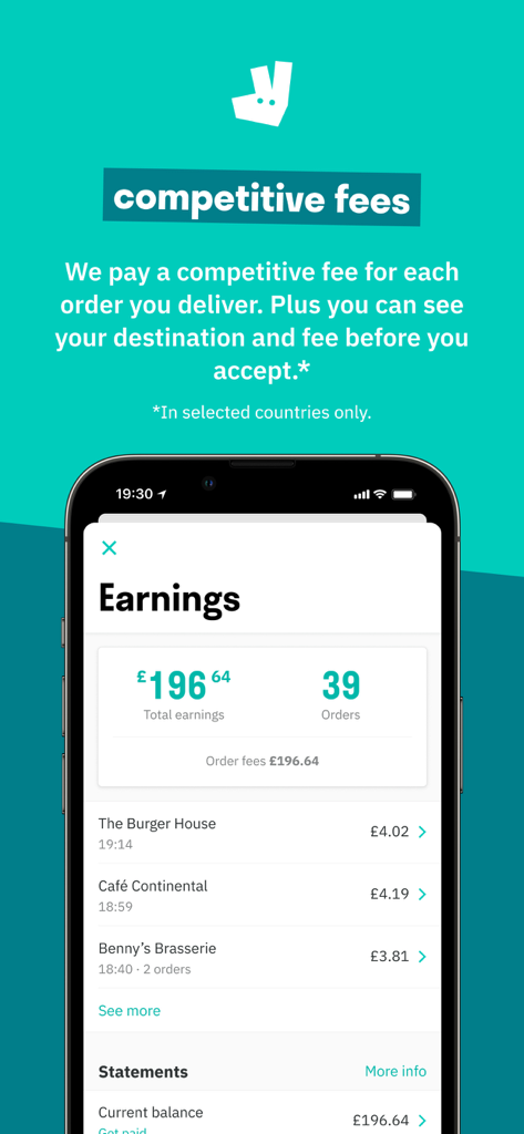 Deliveroo Rider - Interface of the Deliveroo Rider app displaying the earnings dashboard with total income and recent order history.