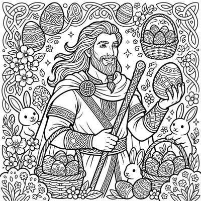Journey into Irish folklore this Easter with a unique coloring page featuring the legendary Fionn mac Cumhaill. Adorned with festive bunnies, decorated eggs, and intricate Celtic patterns, this design offers a magical coloring experience for all ages.