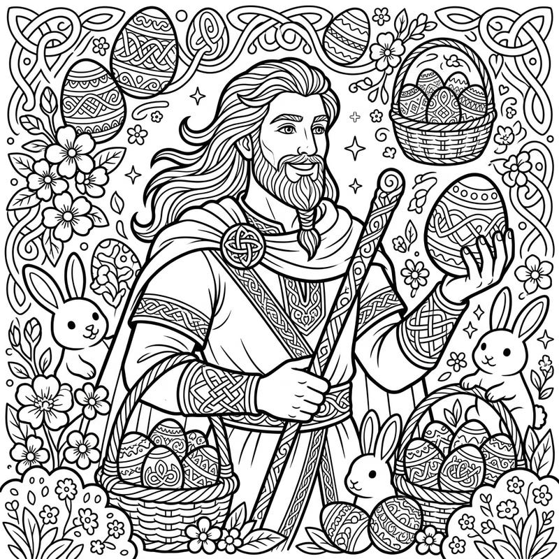 Journey into Irish folklore this Easter with a unique coloring page featuring the legendary Fionn mac Cumhaill. Adorned with festive bunnies, decorated eggs, and intricate Celtic patterns, this design offers a magical coloring experience for all ages.