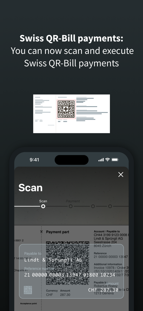 Application mobile EFG Banking scannant une QR-facture suisse pour un paiement.