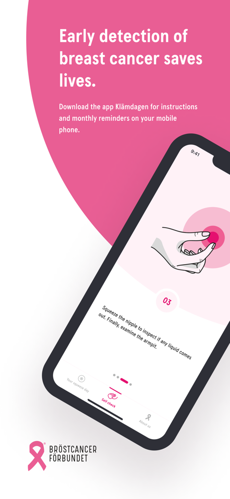 Squeeze Day - Squeeze Day app interface displaying step-by-step instructions for a breast self-examination and a monthly health reminder message.