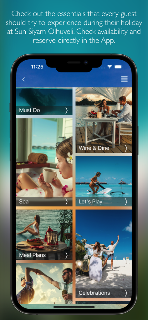 Interfaccia dell'app mobile per Sun Siyam Olhuveli Maldives che mostra le opzioni di prenotazione per cene, trattamenti spa e sport acquatici