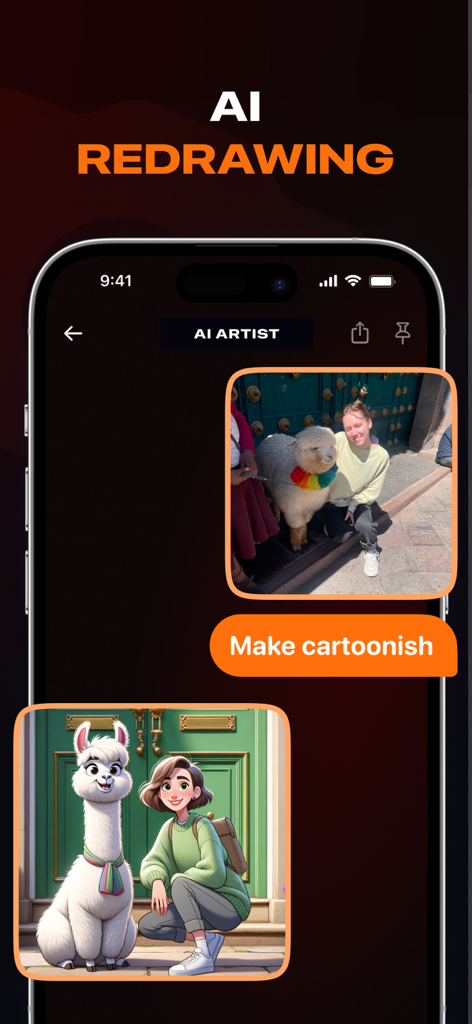 Openchat: AI Chatbot Copilot - A demonstration of the Openchat AI Artist feature turning a photo of a woman and an alpaca into a cartoon illustration.