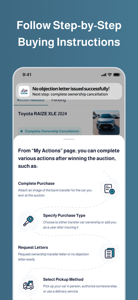Mazad By Motory - Car Auctions - Screenshot, der den schrittweisen Kaufprozess nach der Auktion in der Mazad-App zeigt