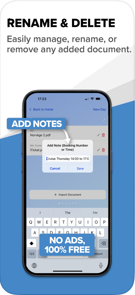 Interface of the My Travel Docs app showing options to rename, delete, and add custom notes to travel documents.