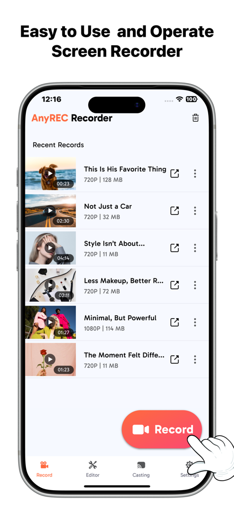 AnyREC: Screen Recorder, Share - AnyREC app interface showing a list of recent video recordings with a large red record button and navigation menu.