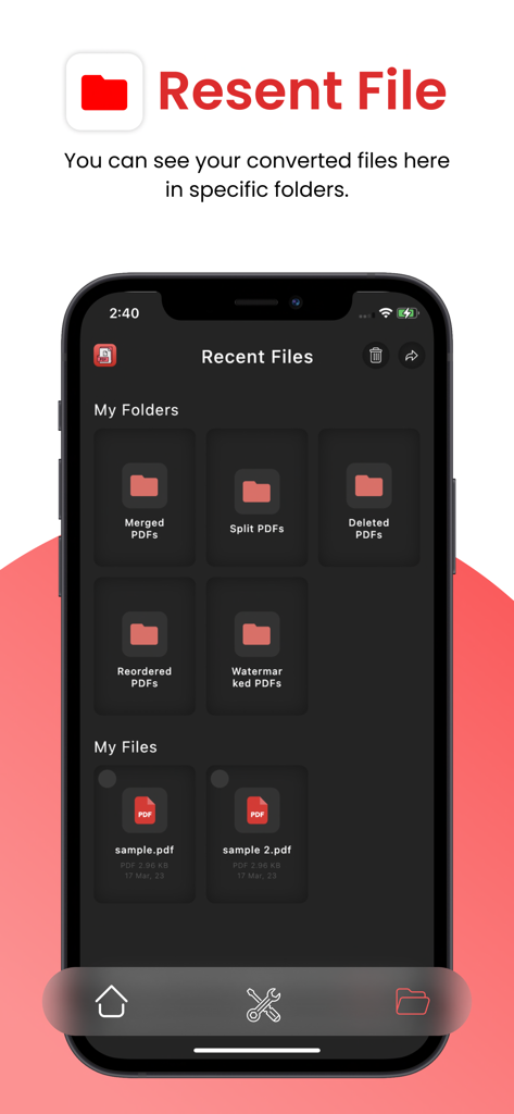 PDF Utils - Split,Merge & More - A screenshot of the PDF Utils app showing organized folders for merged split and watermarked documents in the recent files section