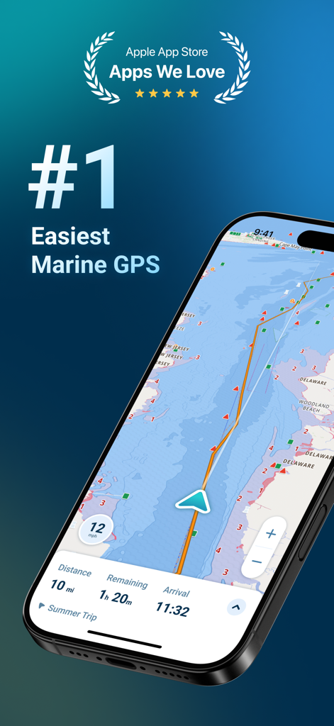 A smartphone displaying the Wavve Boating marine GPS navigation interface with nautical charts and trip details.
