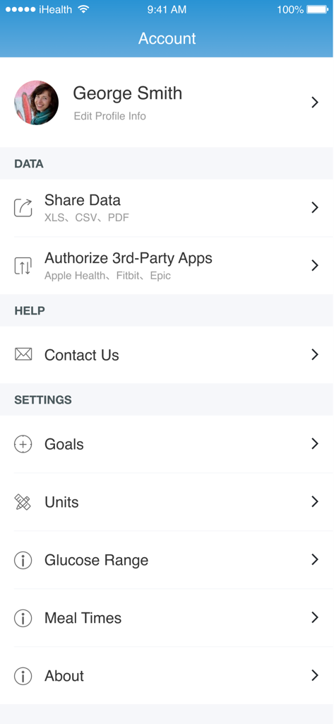iHealth MyVitals - iHealth MyVitals account settings page showing user profile and data sharing options
