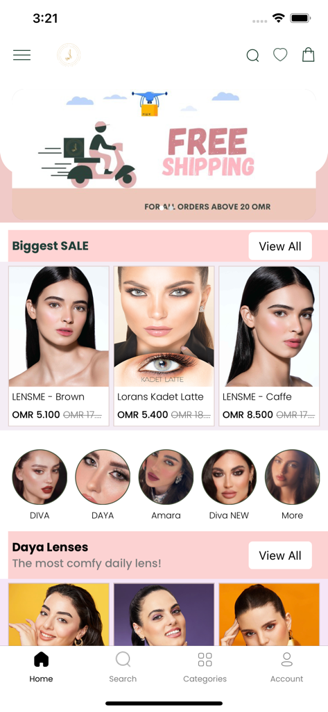 Cali Lens - Pantalla de inicio de la aplicación móvil Cali Lens mostrando lentes de contacto de color con descuento y productos de belleza con banner de envío gratuito