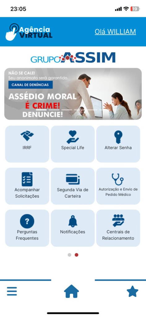 ASSIM SAÚDE - Dashboard of the ASSIM SAUDE mobile app virtual agency showing medical and administrative service icons.