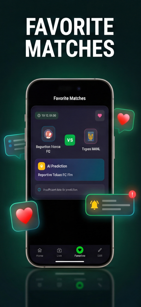 Live Scores & Predictions - PlanetPredict App-Bildschirm, der die Funktion 'Favoriten' mit KI-Vorhersagen für Fußballspiele und Live-Updates anzeigt.