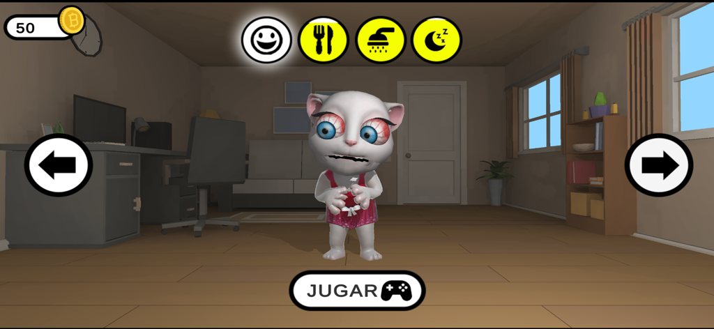 A white cat with bloodshot eyes in a room from the horror simulation game Creepy Maria