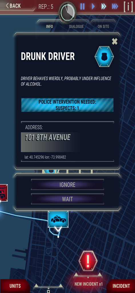911 Operator game screen showing a drunk driver incident report requiring police intervention