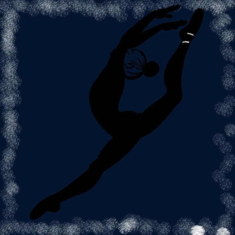 gymnast doing a leap in a leotard with a bent back leg