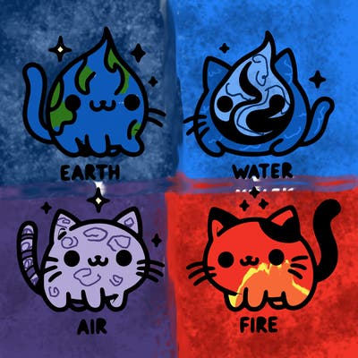 4 cats that represent the different elements, earth, water, air, and fire