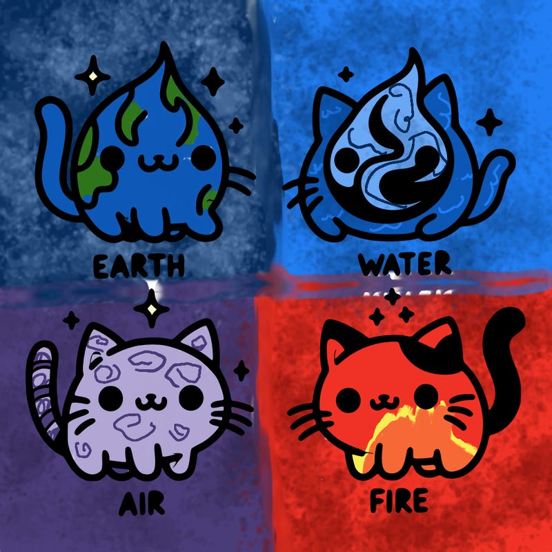 4 cats that represent the different elements, earth, water, air, and fire
