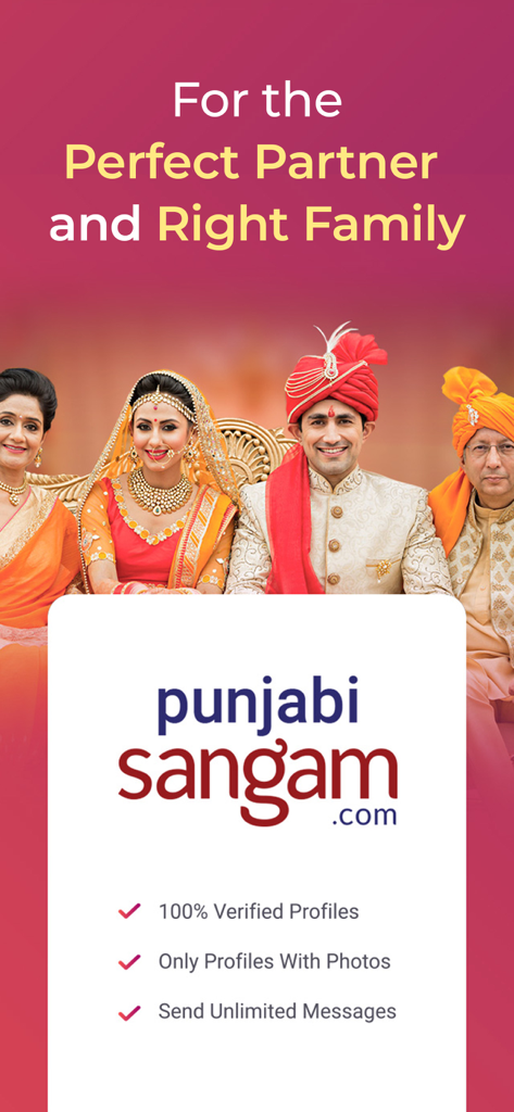 Pantalla de introducción de la aplicación Matrimonio Punjabi Sangam con una pareja de bodas tradicional y sus familias, destacando perfiles verificados