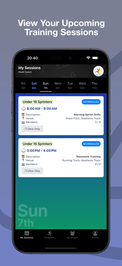 Academy Pro - Academy Pro mobile app showing a coach schedule for upcoming training sessions.