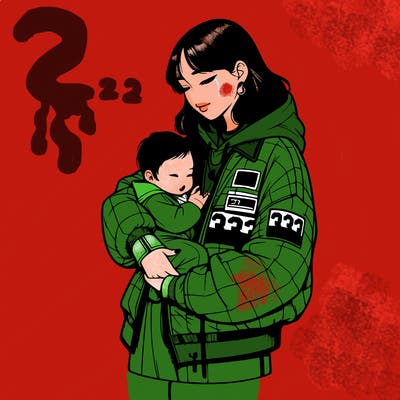 realistic asian girl wearing a a matching jacket and pants with the jacket having the number 333 and holding a asian baby