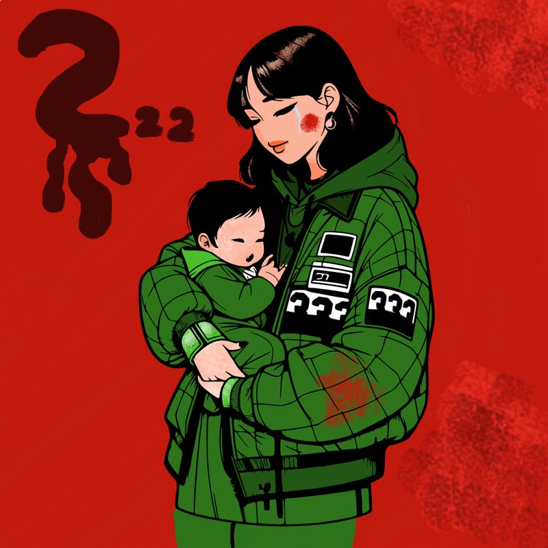 realistic asian girl wearing a a matching jacket and pants with the jacket having the number 333 and holding a asian baby