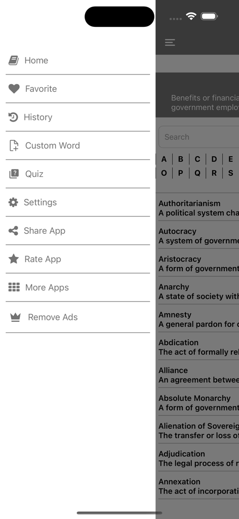 Political Science Terms - Side navigation menu of the Political Science Terms app showing features like Quiz Custom Word and Favorites