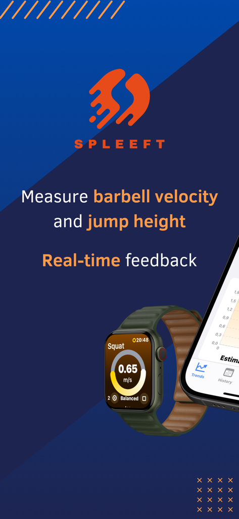 Spleeft - Spleeft app display showing real-time barbell velocity on an Apple Watch for squats.