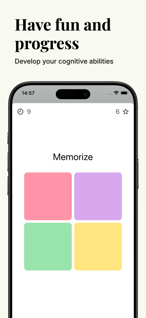 Brain Booster Pro mobile app interface showing a memory game with colored blocks and cognitive progress text