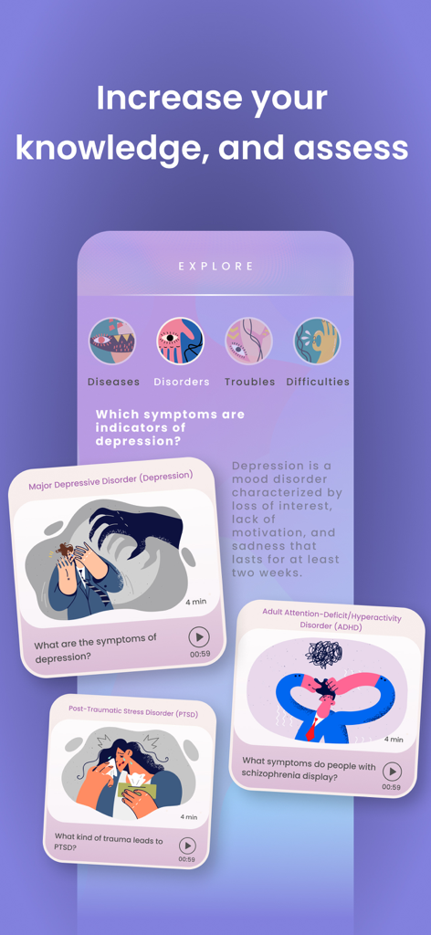 Self Therapy: ADHD Cbt i Coach - ADHD、うつ病、PTSDのカード、教育的洞察、オーディオオプションが表示された「探索」というタイトルのモバイルアプリ画面。