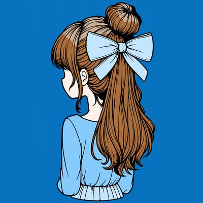 realistic girl  with hip length hair a bun and a big bow on the back of head
