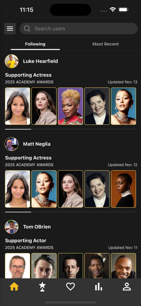 A social feed in the Award Expert app showing predictions for the 2025 Academy Awards from followed users like Luke Hearfield and Matt Neglia.