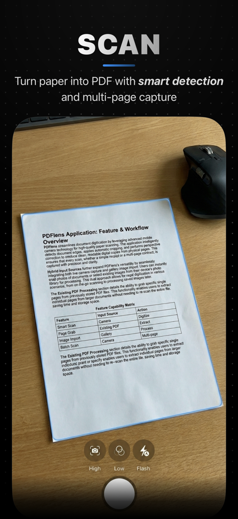 PDFWelder – PDF Merger - PDFWelderアプリのiPhoneインターフェイス。スマートエッジ検出で紙の文書をスキャンしています