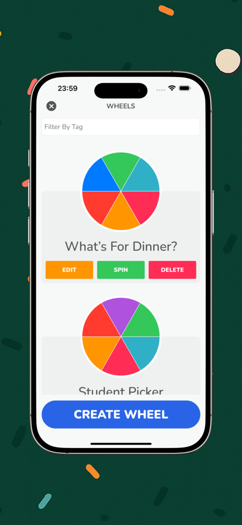 Wheel Of Names - Picker Wheel - Un'interfaccia di app mobile che mostra due ruote di selezione personalizzate per le scelte della cena e la selezione degli studenti.