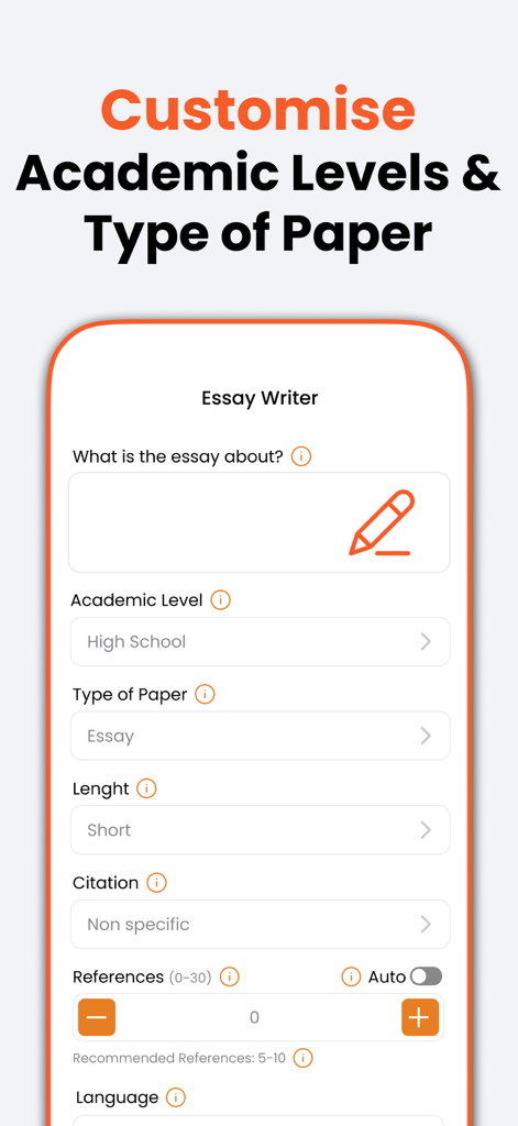 Oberfläche der ParaWriter-App, die Anpassungsoptionen für das akademische Niveau und die Art der Arbeit zeigt.