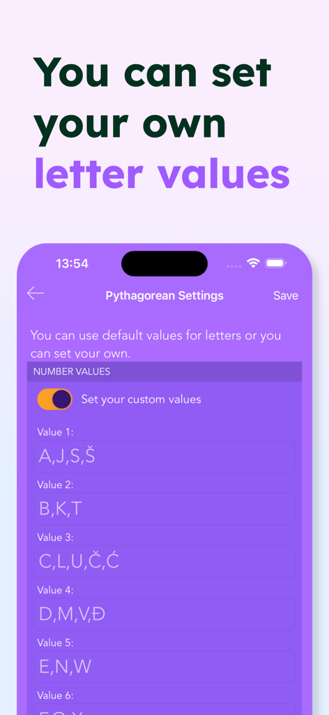 Pocket Numerology Pro - Interface of the Pocket Numerology Pro app showing custom letter value settings for Pythagorean calculations.