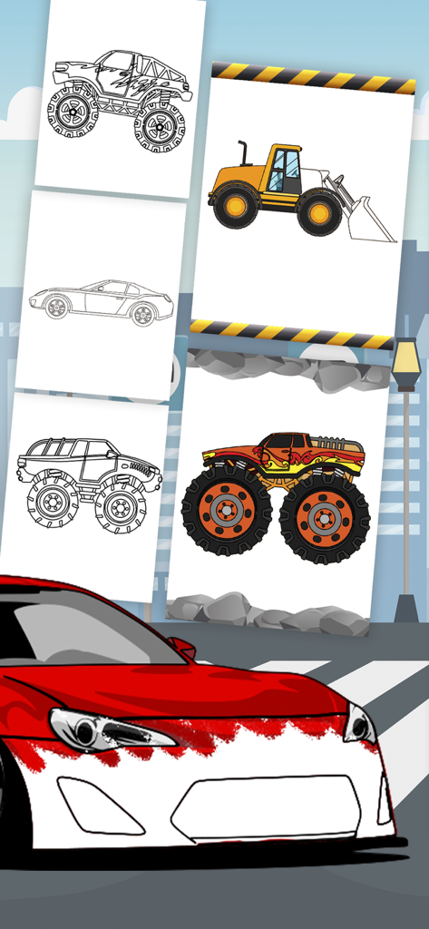 Magic cars coloring book game - Pagine di libri da colorare digitali con monster truck e auto per bambini