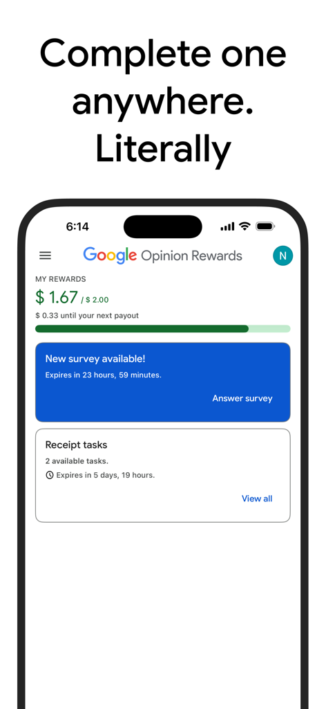 Google Opinion Rewardsアプリのインターフェースに、利用可能なアンケートと現在の残高が表示されています