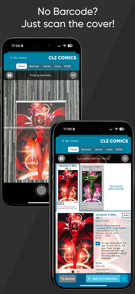 CLZ Comics mobile app demonstrating the cover scanning feature to identify and catalog comic books