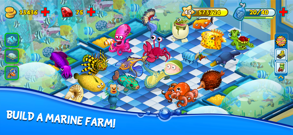 Treasure Diving - Granja marina colorida con diversas criaturas marinas en un suelo a cuadros en el juego móvil Treasure Diving.