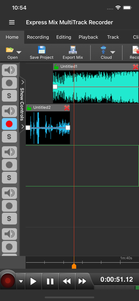 Express Mix Multitrack Mixer - Interface of the Express Mix app showing multiple audio tracks and waveforms