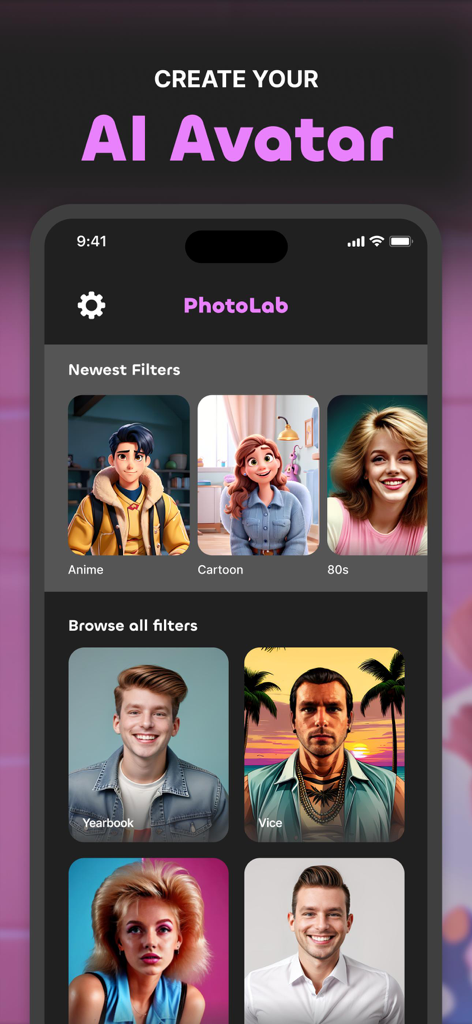 PhotoLab - AI Photo Editor Pro - Pantalla de la aplicación móvil PhotoLab mostrando filtros de avatares de IA como Anime Cartoon y estilos de Anuario.