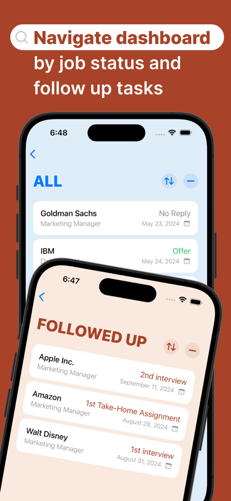 Job search organizer Applied - Panel de la aplicación Aplicado para navegar por las solicitudes de empleo por estado y tareas de seguimiento como entrevistas.