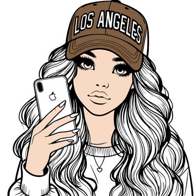 realistic beautiful girl wearing los ángeles cap holding an iphone