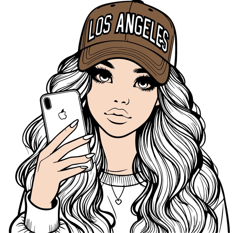 realistic beautiful girl wearing los ángeles cap holding an iphone