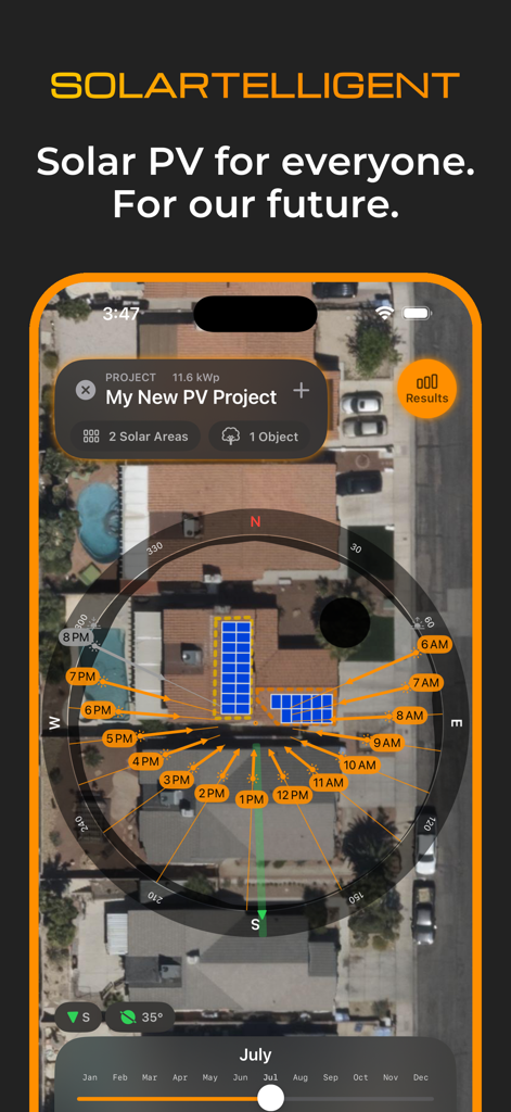 Solartelligent: PV Planner - Solartelligent app interface showing solar panel layout and sun path analysis on a residential rooftop satellite view