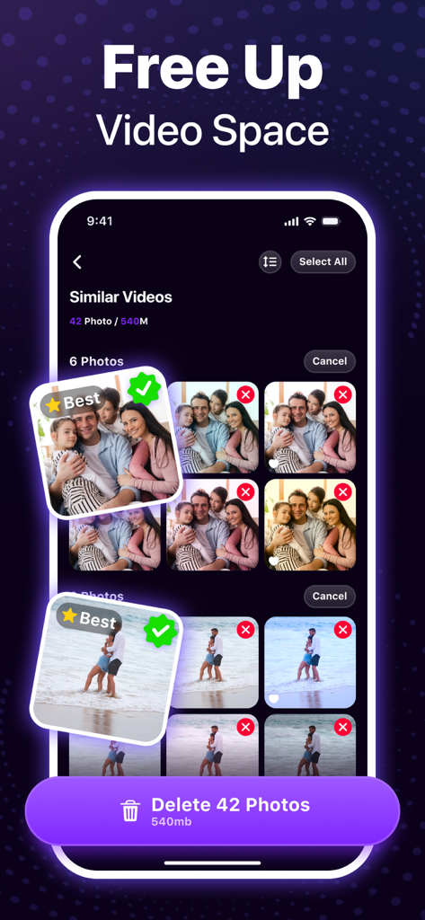 Magic Album-Storage Cleaner - Magic Album 앱 인터페이스가 저장 공간 확보를 위해 삭제할 중복 사진을 식별함
