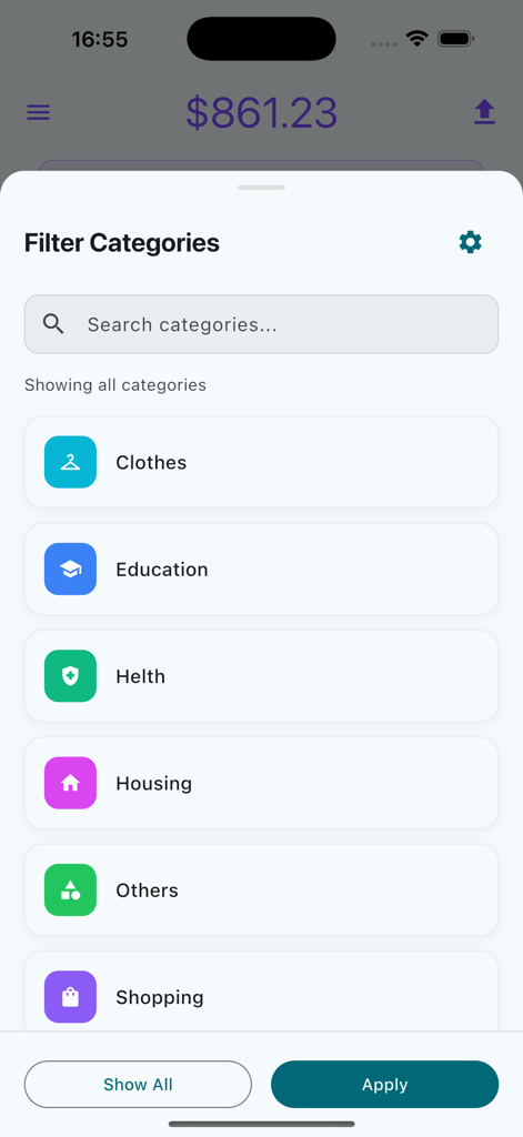 Daily Expense Tracker - Mobile app screen showing a list of expense categories to filter like Clothes, Education, and Housing